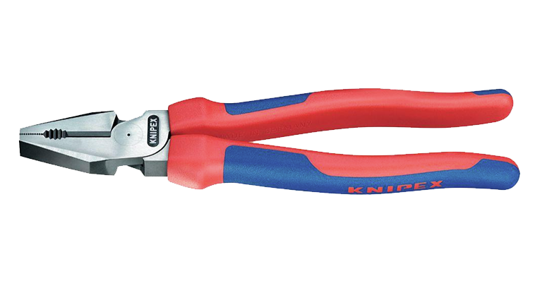 High-leverage combination pliers with red and blue handles