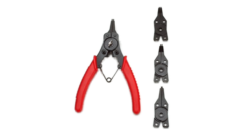 Retaining ring pliers with orange handles and set of tops