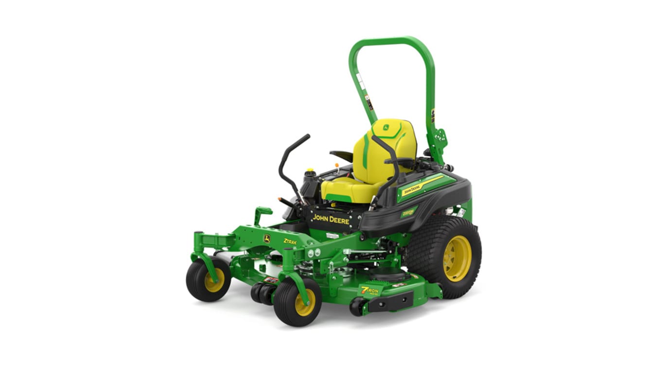 Front-left view of green zero-turn mower with yellow accents