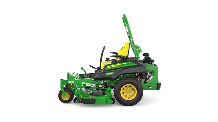 Left-side view of a green mower with yellow accents