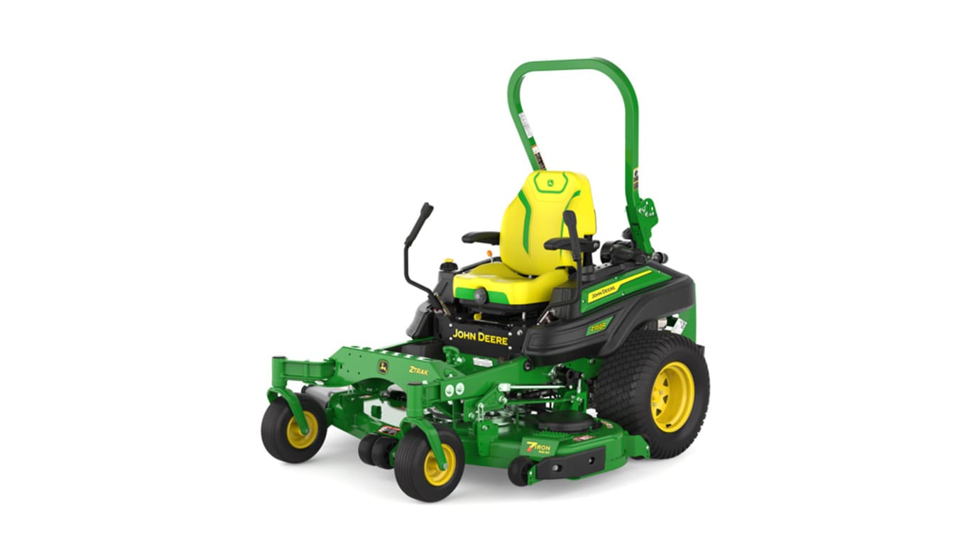 Front-left view of a green and yellow riding mower with roll bar, large rear wheels, and various controls