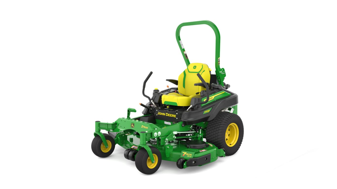 Front-left view of a green riding lawn mower with a yellow seat, black wheels, and various controls.