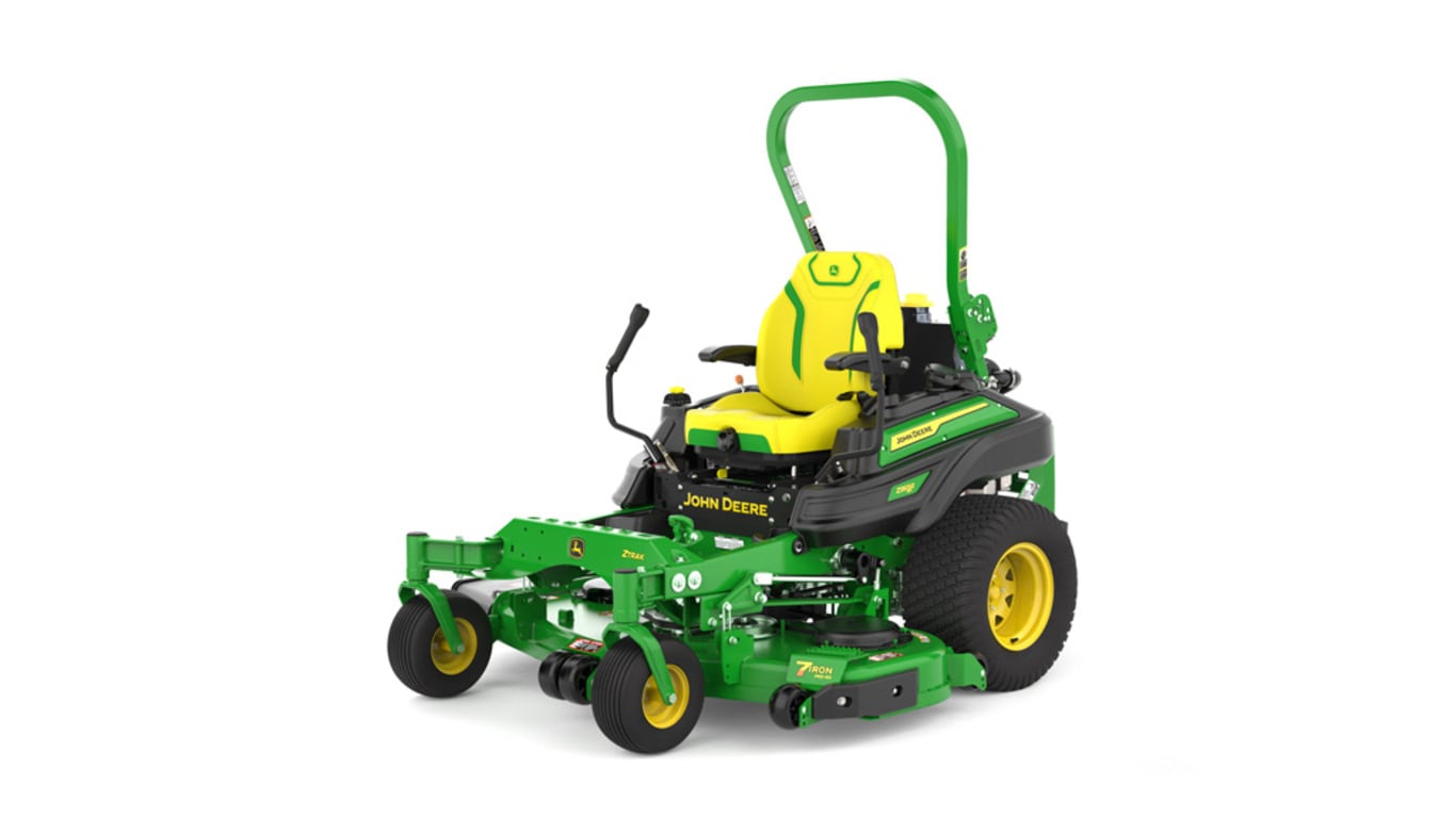 Front-left view of a green riding lawn mower with a yellow seat, black wheels, and various controls.