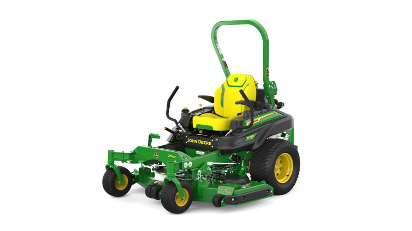 front-left view of a green riding lawn mower with a yellow seat, black wheels, and various controls.
