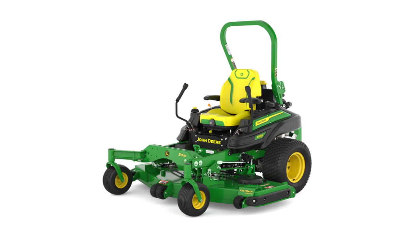 Front-left view of a green and yellow riding mower with roll bar, large rear wheels, and various controls