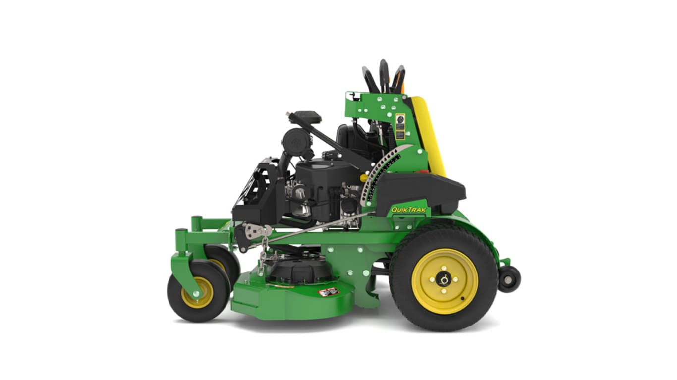 A left-facing studio shot of a green and yellow standing mower on a white background.