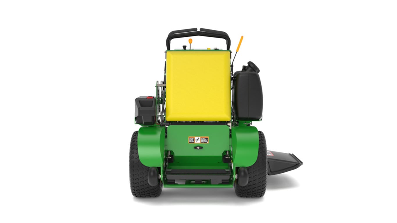 A rear-facing studio shot of a green and yellow standing mower on a white background.