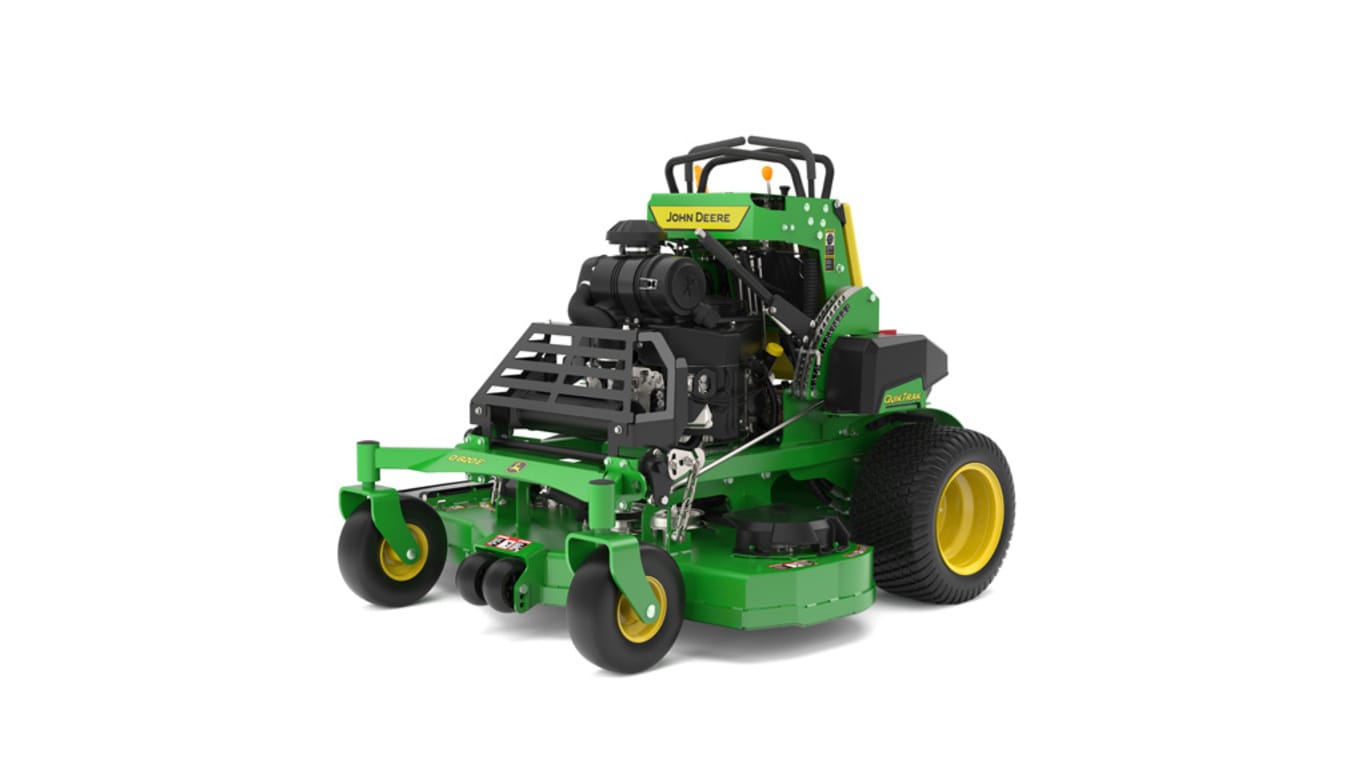 A front-left-facing studio shot of a green and yellow standing mower on a white background.
