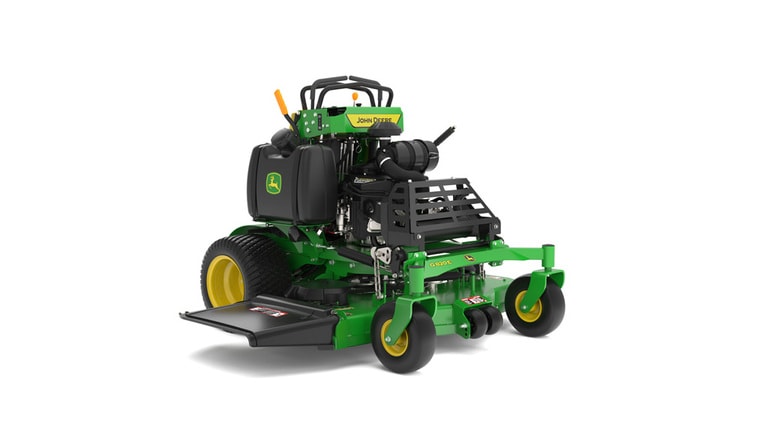 A front-right-facing studio shot of a green and yellow standing mower on a white background.