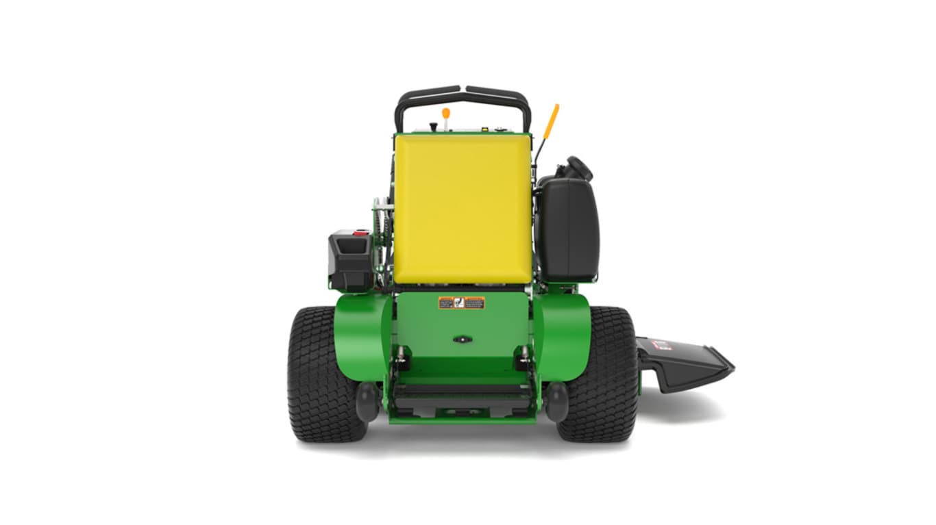 A rear-facing studio shot of a green and yellow standing mower on a white background.