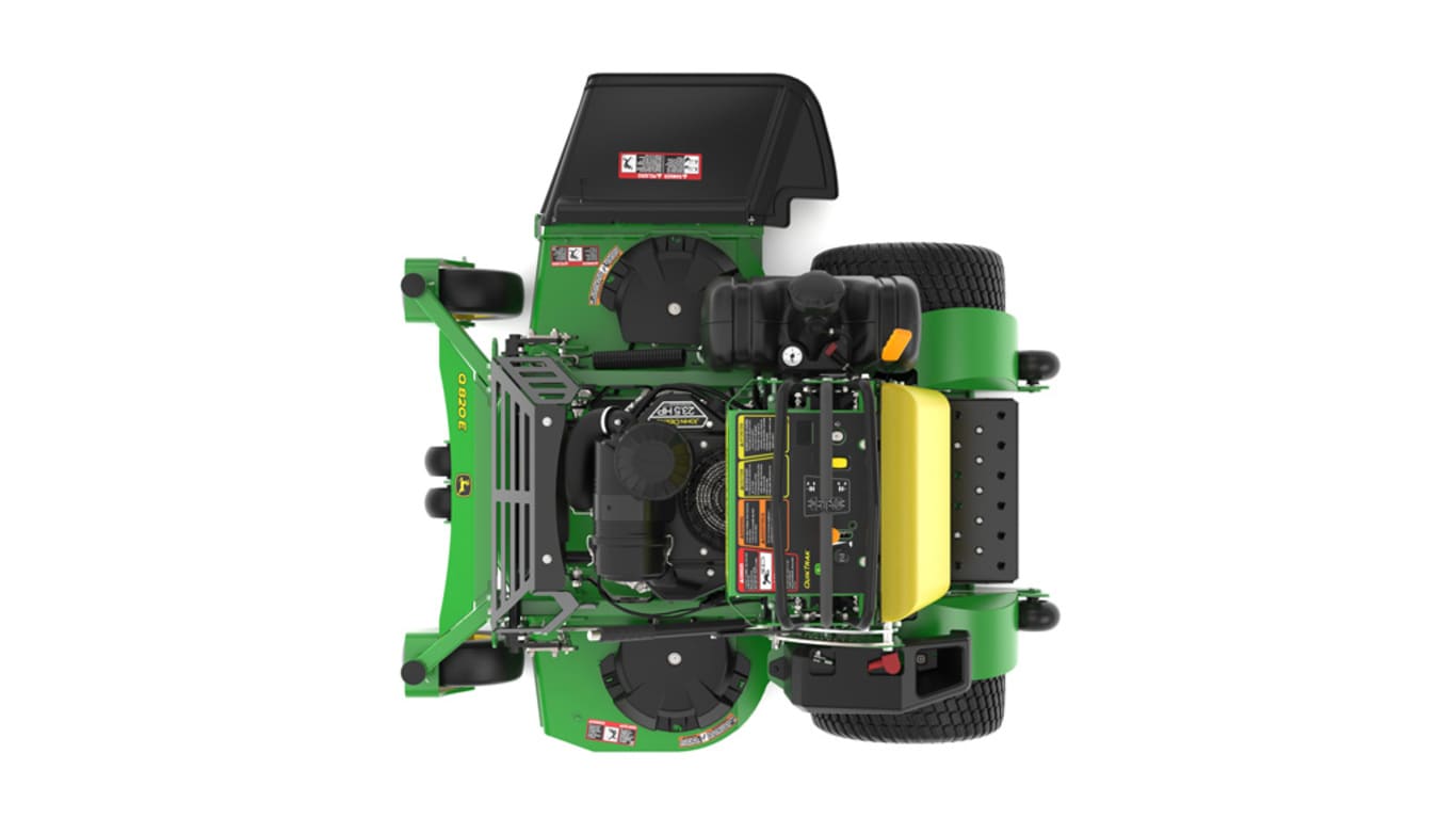 A top-facing studio shot of a green and yellow standing mower on a white background.