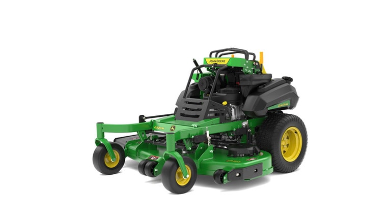 A front-left-facing studio shot of a green and yellow standing mower on a white background.