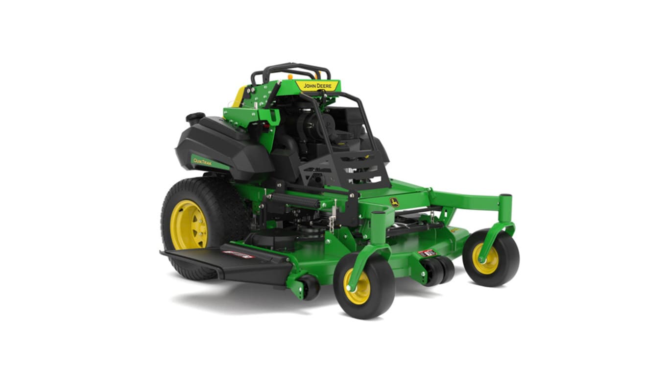 A front-right-facing studio shot of a green and yellow standing mower on a white background.
