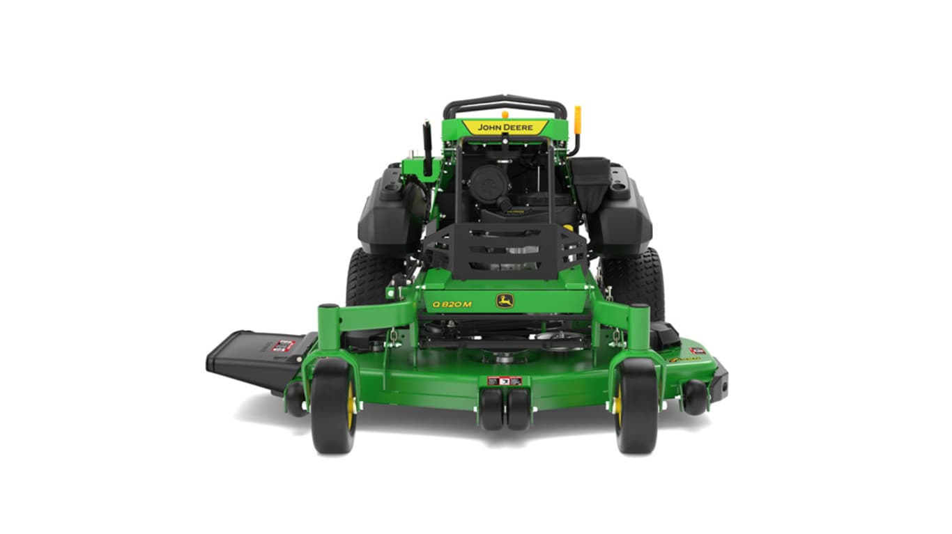 A front-facing studio shot of a green and yellow standing mower on a white background.