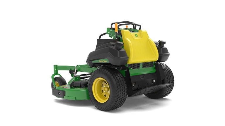 A rear-left-facing studio shot of a green and yellow standing mower on a white background.