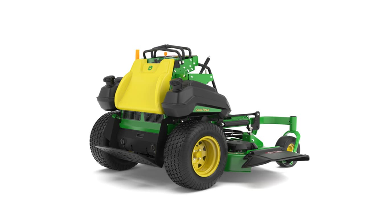 A rear-right-facing studio shot of a green and yellow standing mower on a white background.