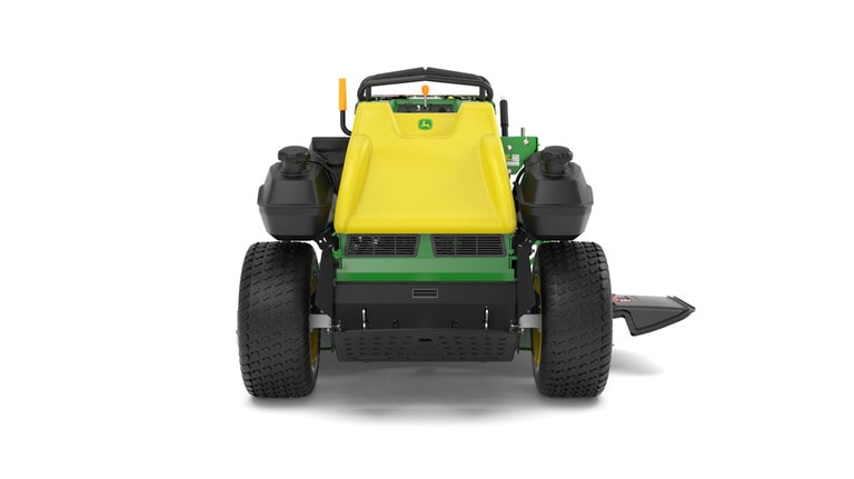 A rear-facing studio shot of a green and yellow standing mower on a white background.
