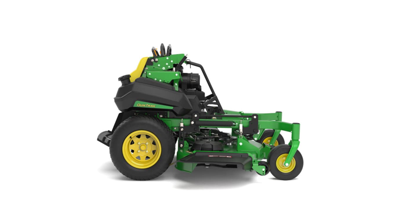 A right-facing studio shot of a green and yellow standing mower on a white background.