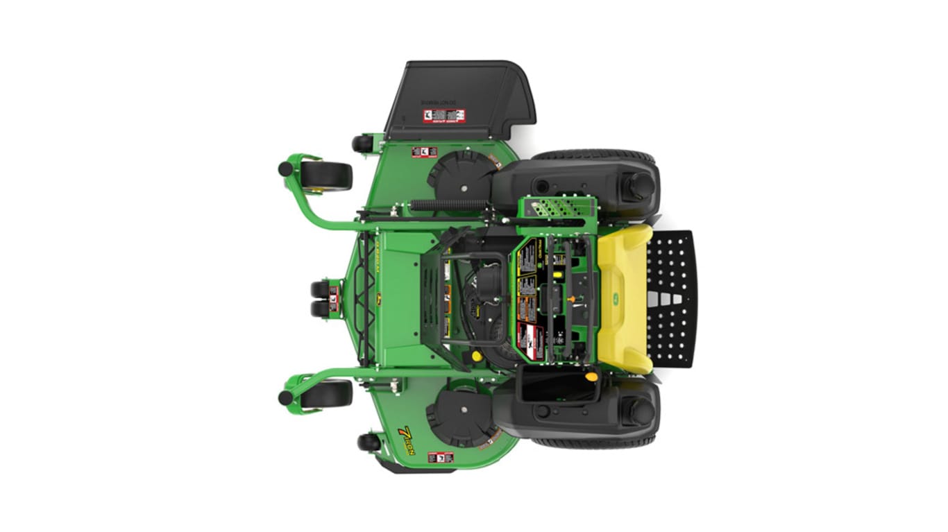 A top-facing studio shot of a green and yellow standing mower on a white background.