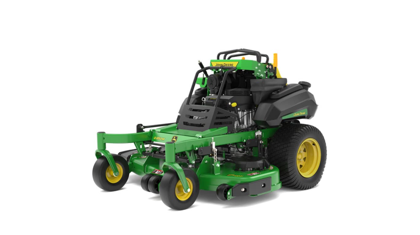 A front-left-facing studio shot of a green and yellow standing mower on a white background.