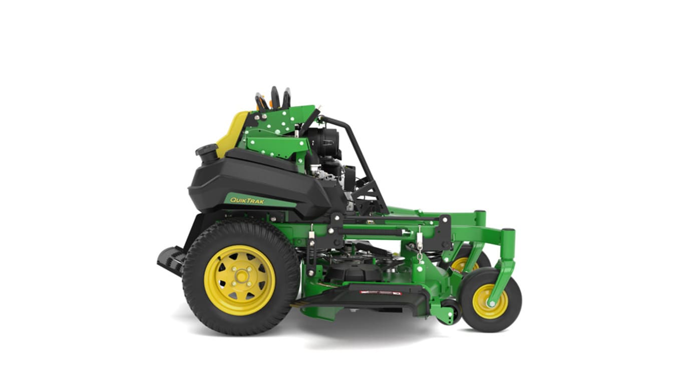 A right-facing studio shot of a green and yellow standing mower on a white background.