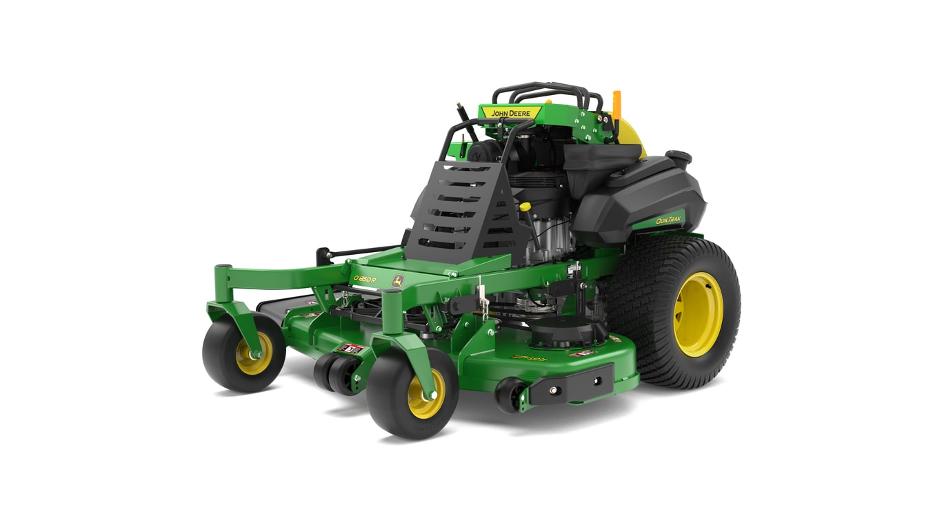 A front-left-facing studio shot of a green and yellow standing mower on a white background.