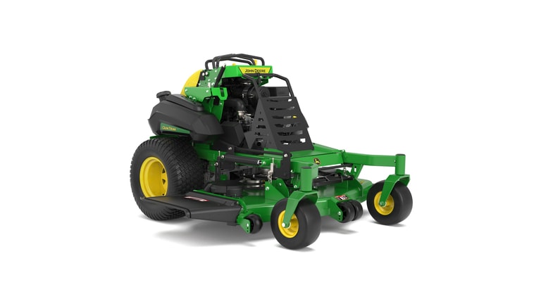 A front-right-facing studio shot of a green and yellow standing mower on a white background.