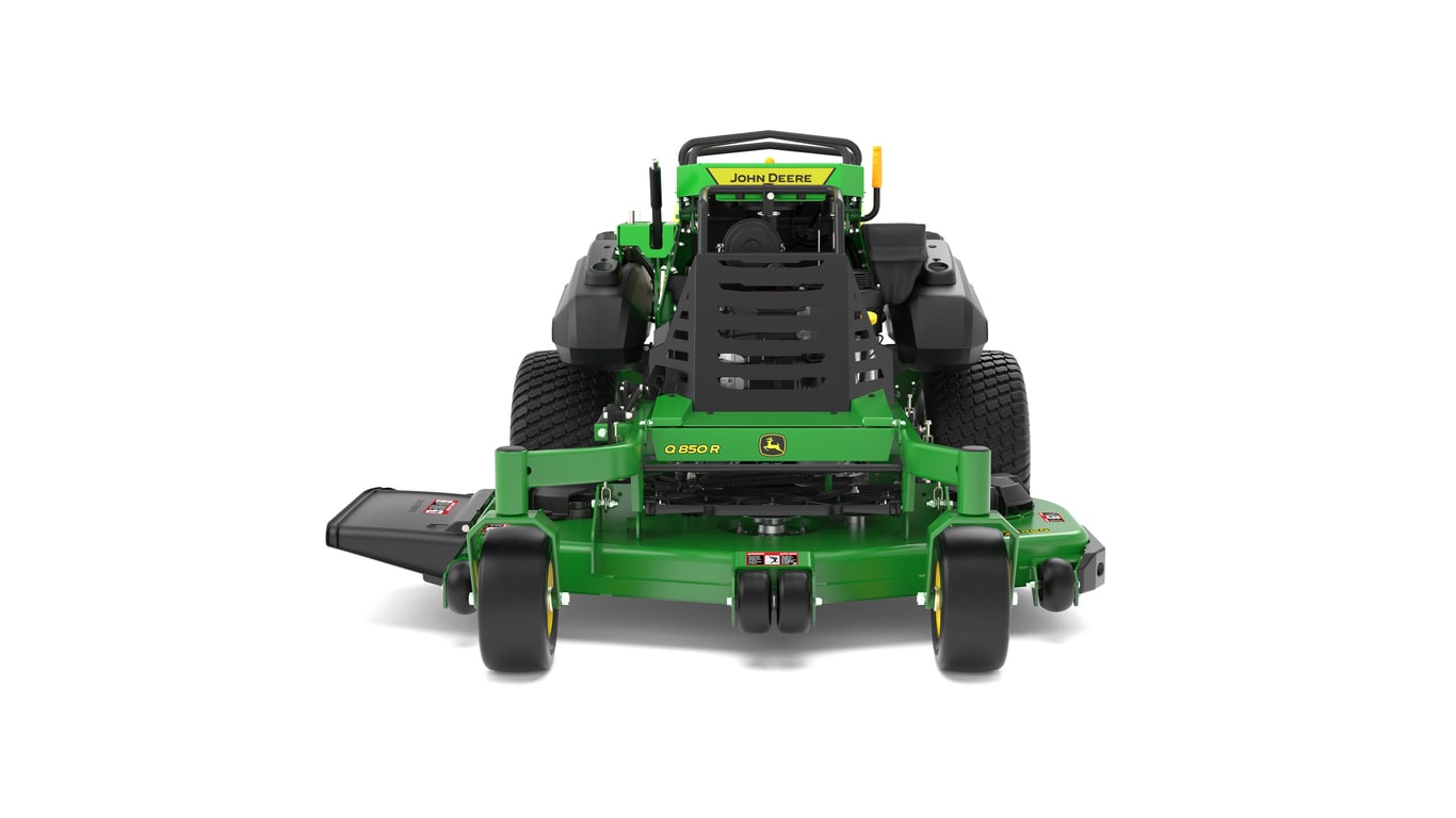 A front-facing studio shot of a green and yellow standing mower on a white background.