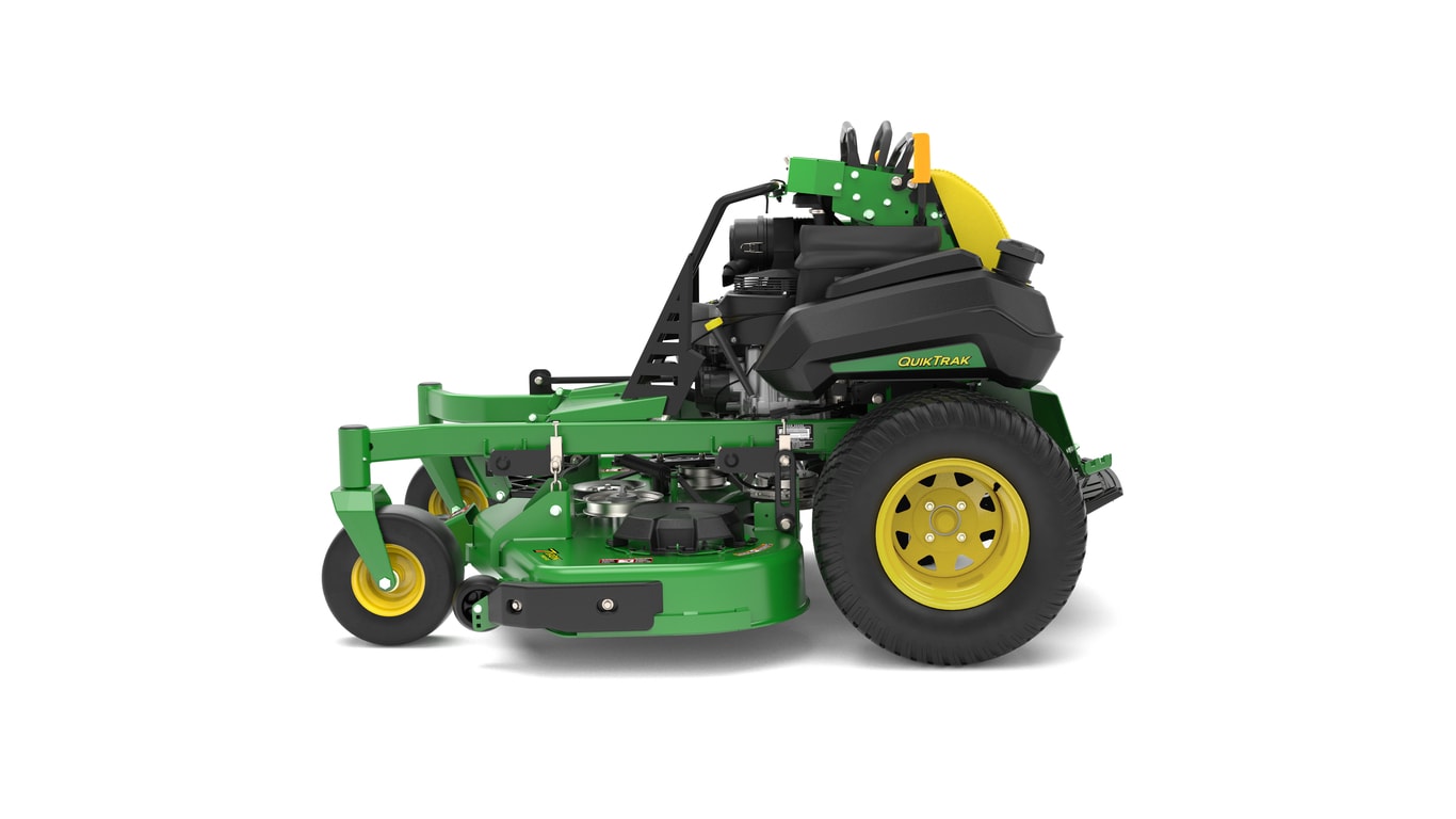 A left-facing studio shot of a green and yellow standing mower on a white background.