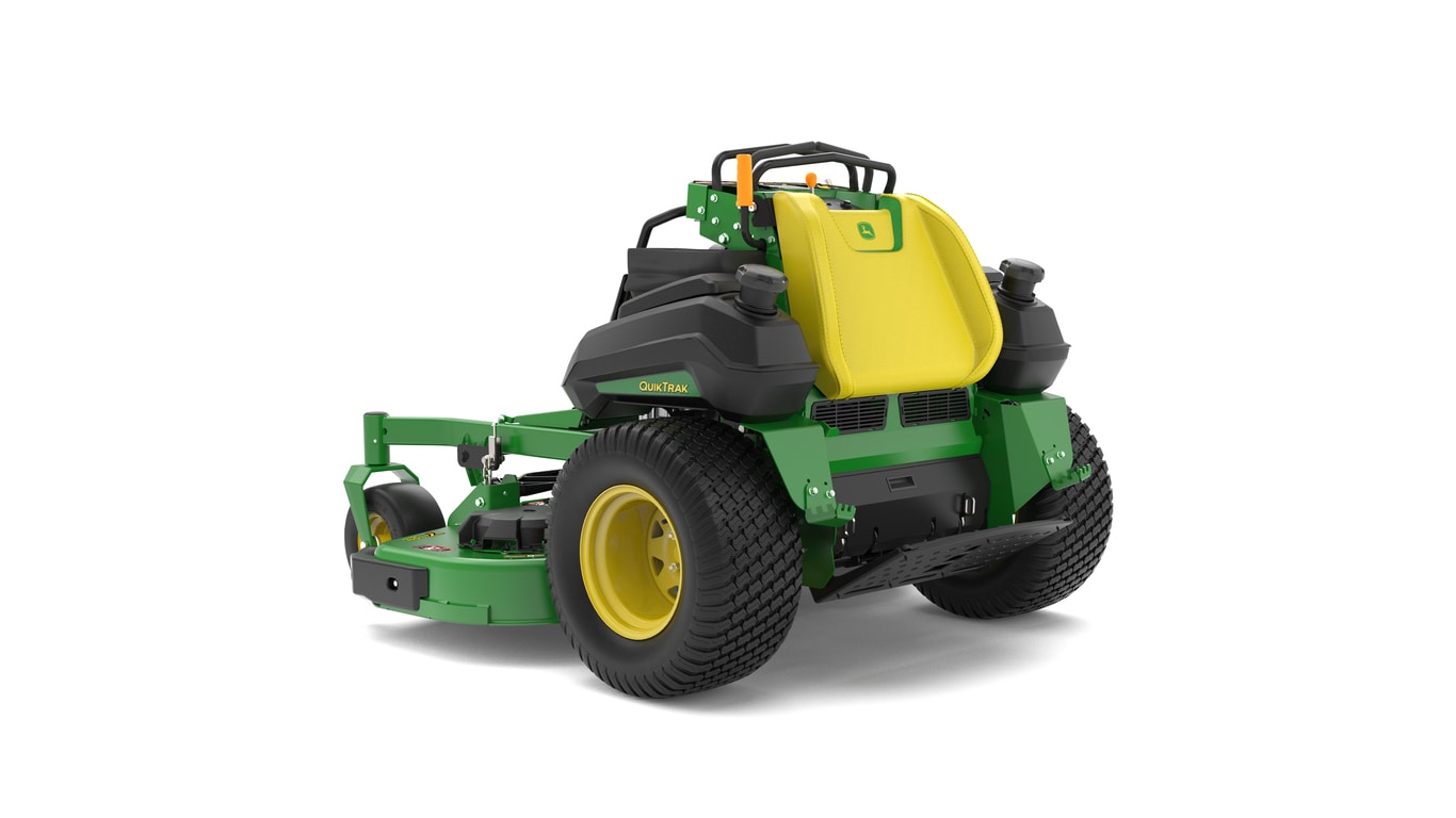 A rear-left-facing studio shot of a green and yellow standing mower on a white background.