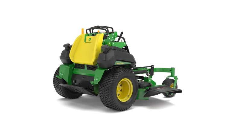 A rear-right-facing studio shot of a green and yellow standing mower on a white background.