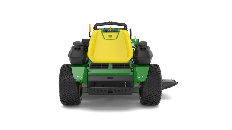 A rear-facing studio shot of a green and yellow standing mower on a white background.
