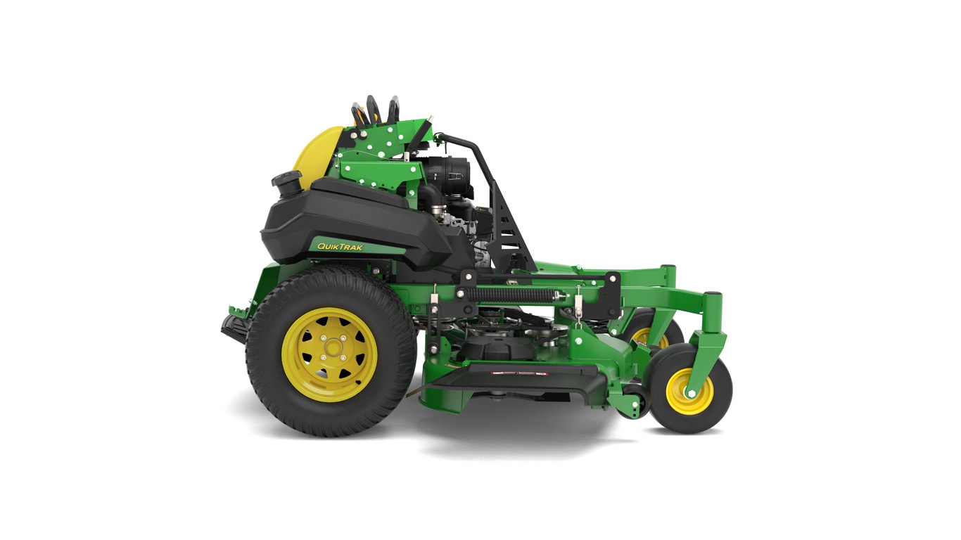 A right-facing studio shot of a green and yellow standing mower on a white background.
