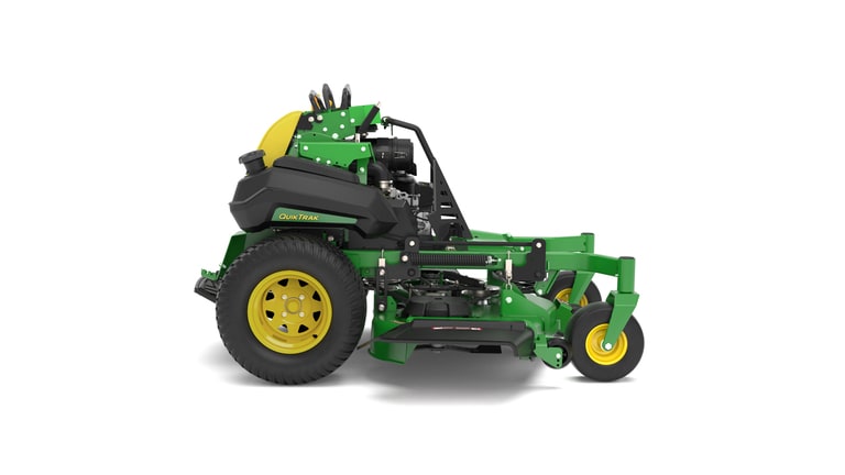 A right-facing studio shot of a green and yellow standing mower on a white background.