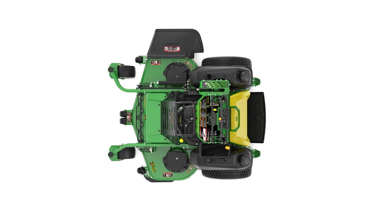 A top-facing studio shot of a green and yellow standing mower on a white background.