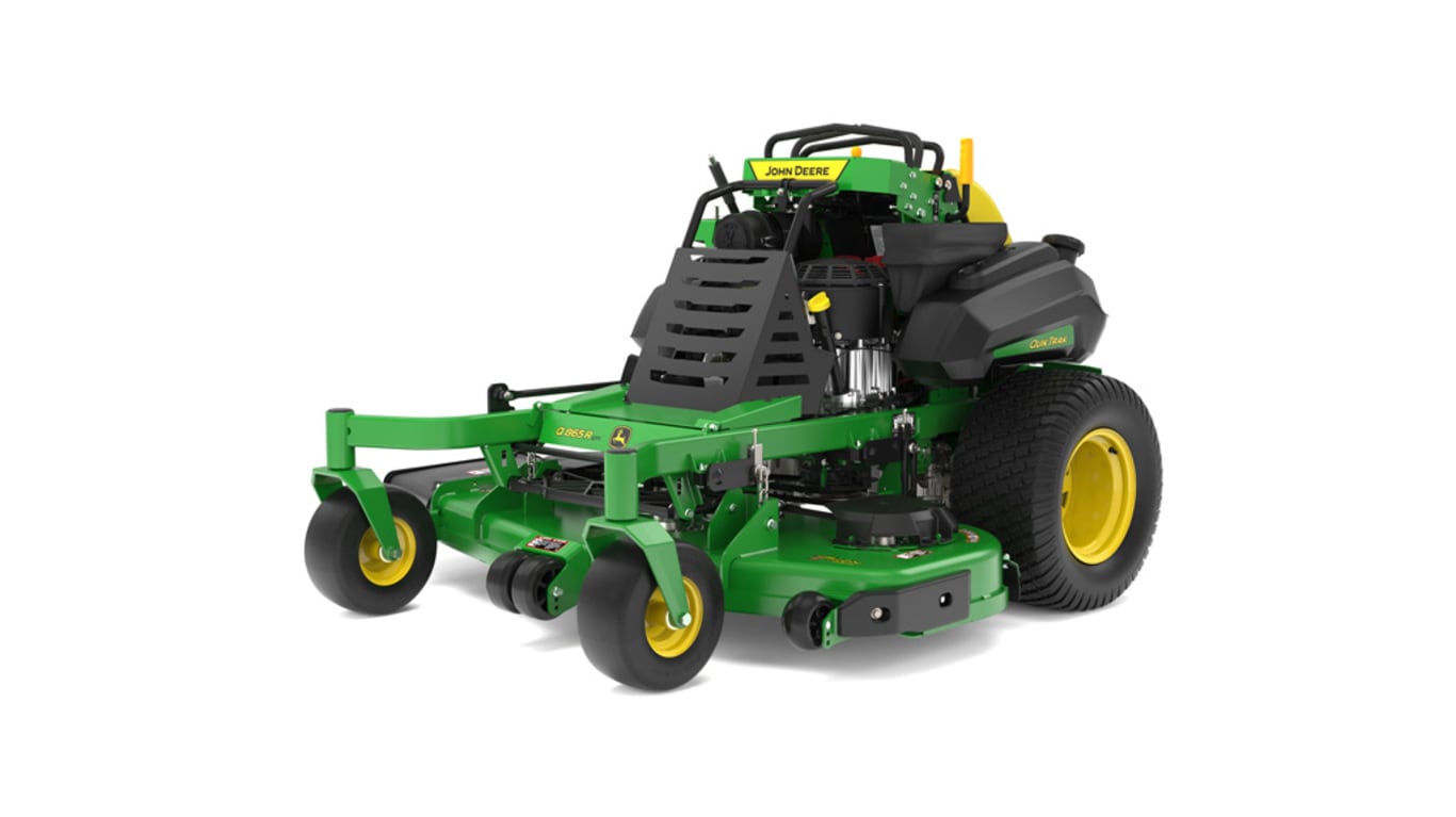 A front-left-facing studio shot of a green and yellow standing mower on a white background.