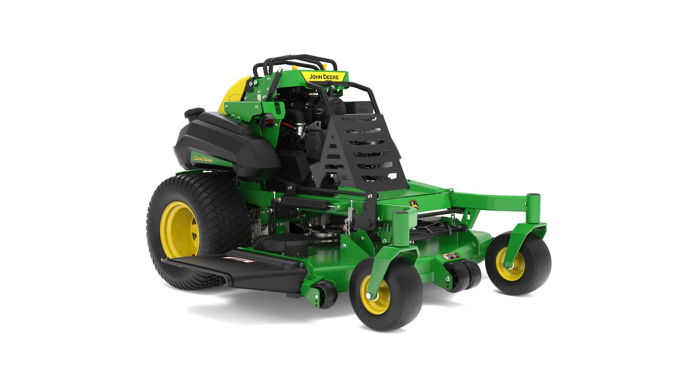 A front-right-facing studio shot of a green and yellow standing mower on a white background.