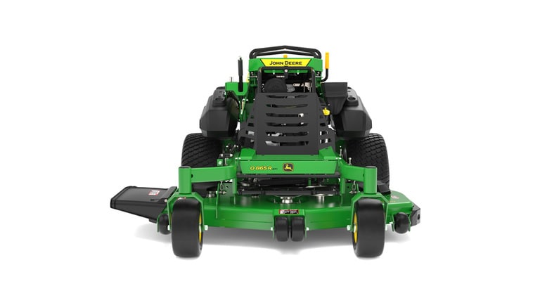A front-facing studio shot of a green and yellow standing mower on a white background.