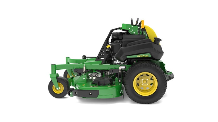 A left-facing studio shot of a green and yellow standing mower on a white background.