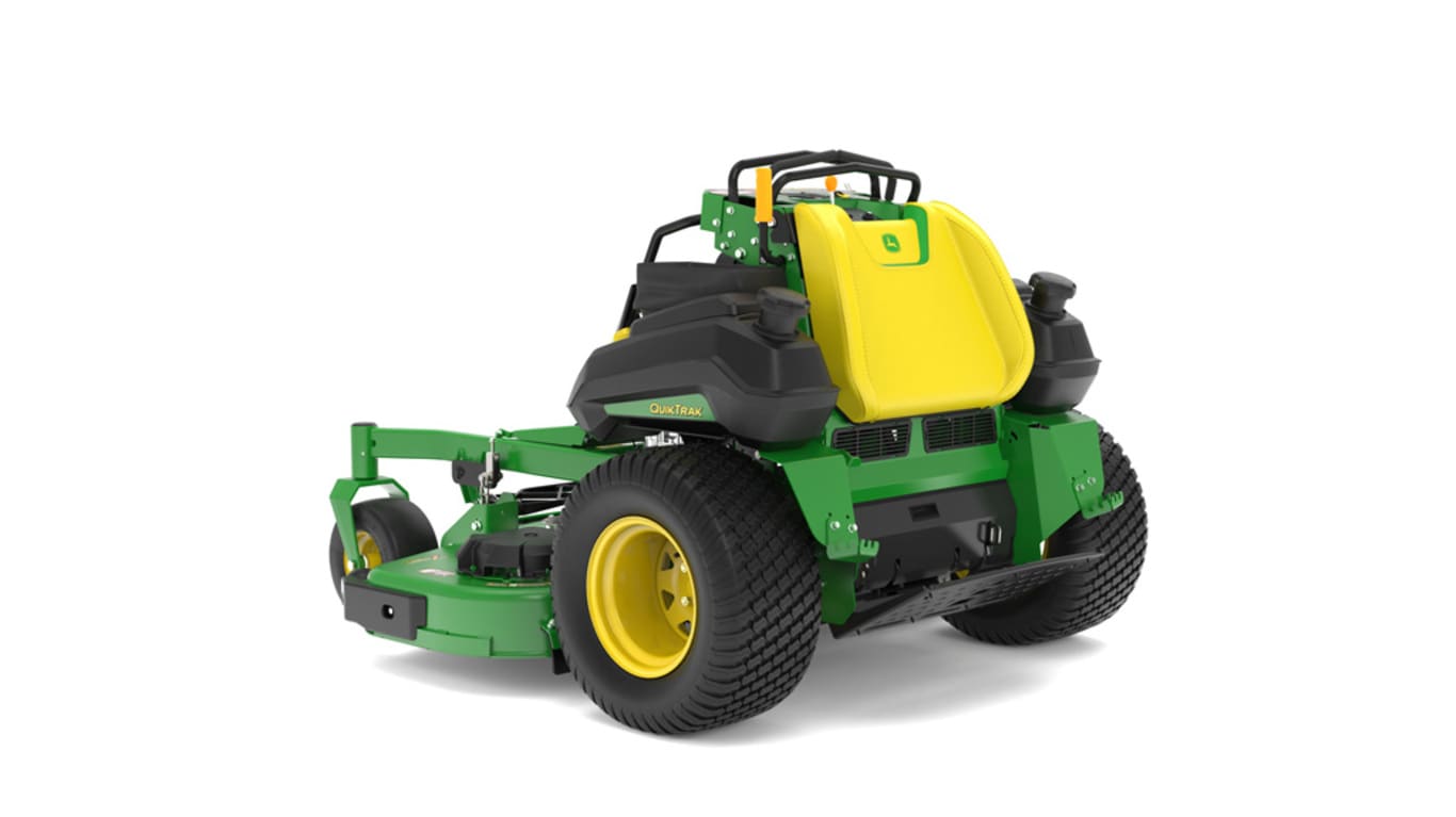 A rear-left-facing studio shot of a green and yellow standing mower on a white background.