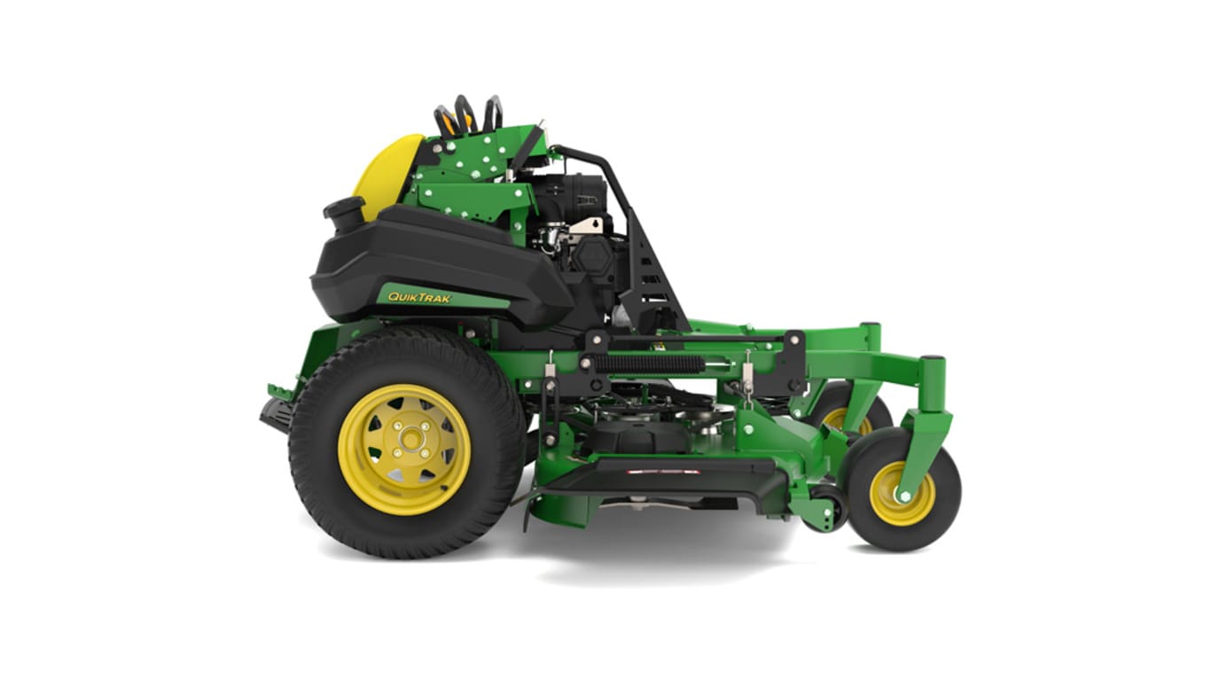A right-facing studio shot of a green and yellow standing mower on a white background.