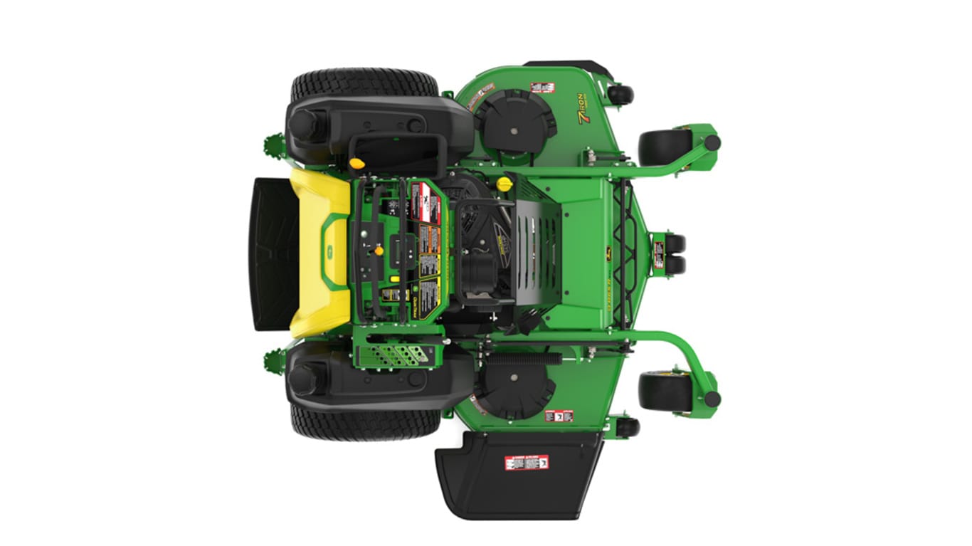 A top-facing studio shot of a green and yellow standing mower on a white background.