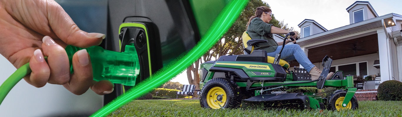 Close up of person plugging in cable and person cutting grass on Z370R Zero-Turn mower