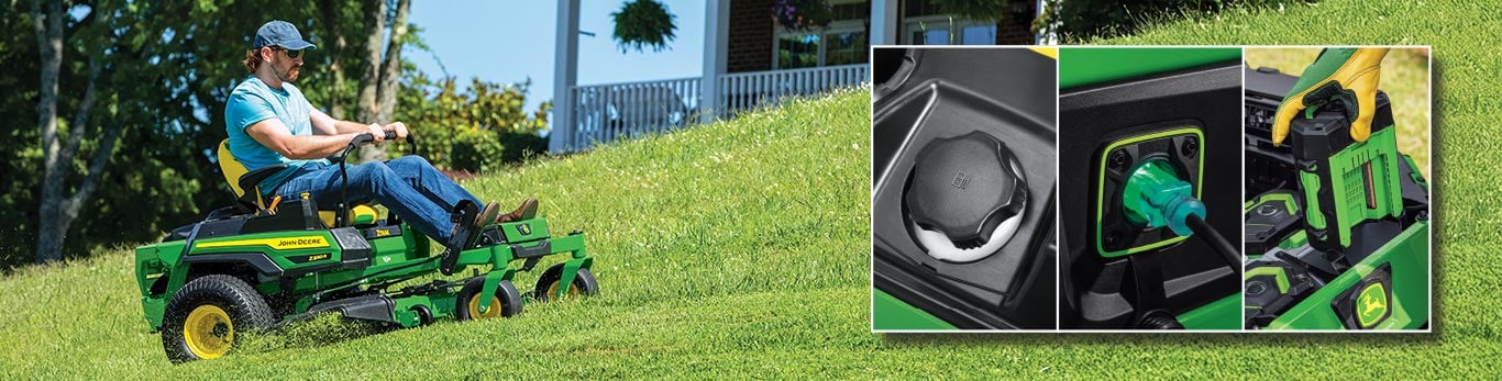 A person with a sun hat driving a green zero-turn mower, a collage of electric mower features overlays the background image.