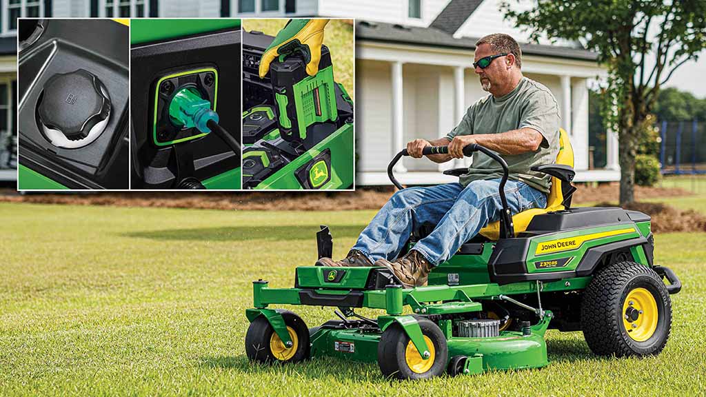 A person with sunglasses driving a green zero-turn mower, a collage of electric mower features overlays the background image.