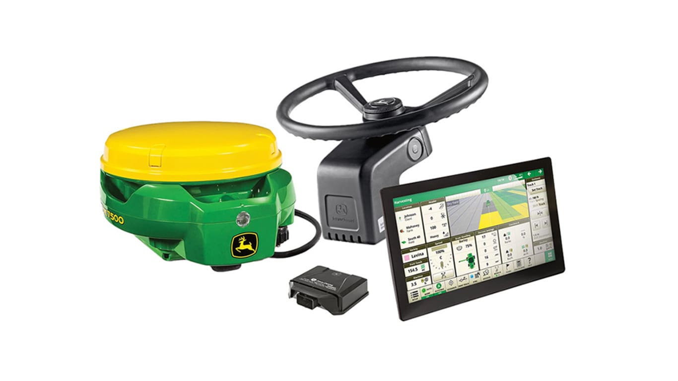 Studio image of a StarFire™ 7500 Receiver, G5 Display, JDLink™ Modem, and AutoTrac™ Universal 300.