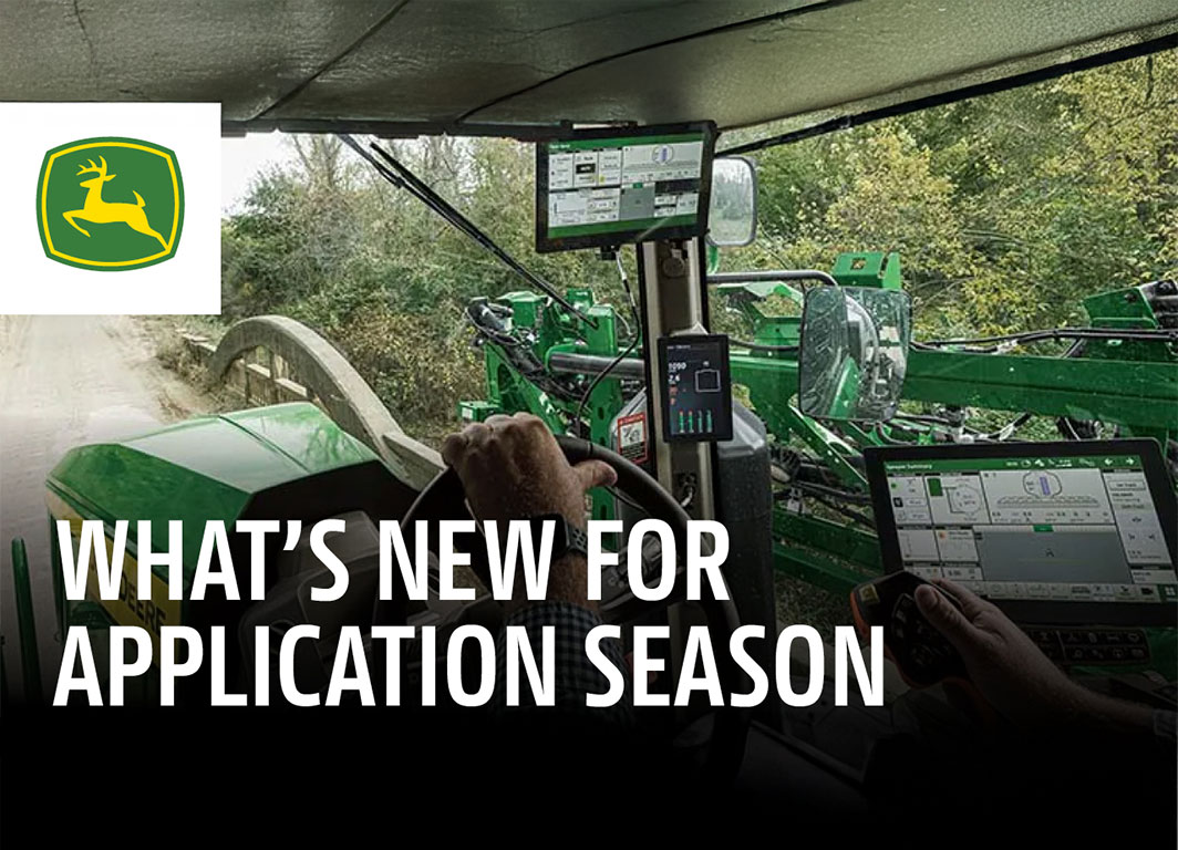 Point of view of operator in the cab of a sprayer.