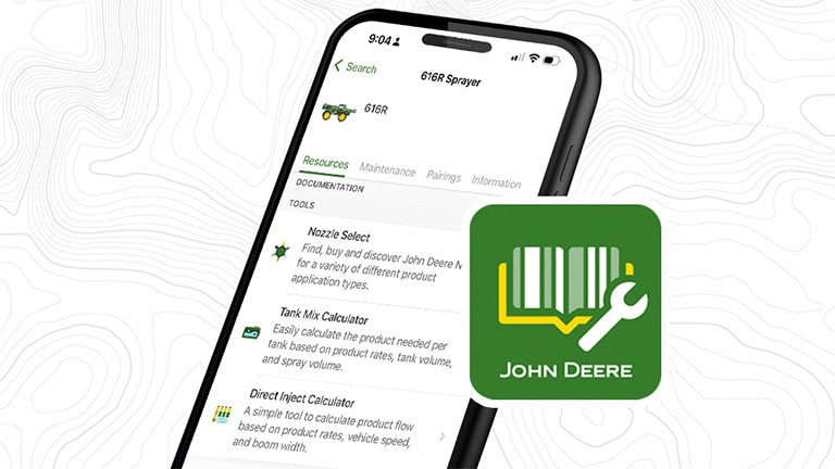 Mobile phone screen showing sprayer nozzle selection menu.