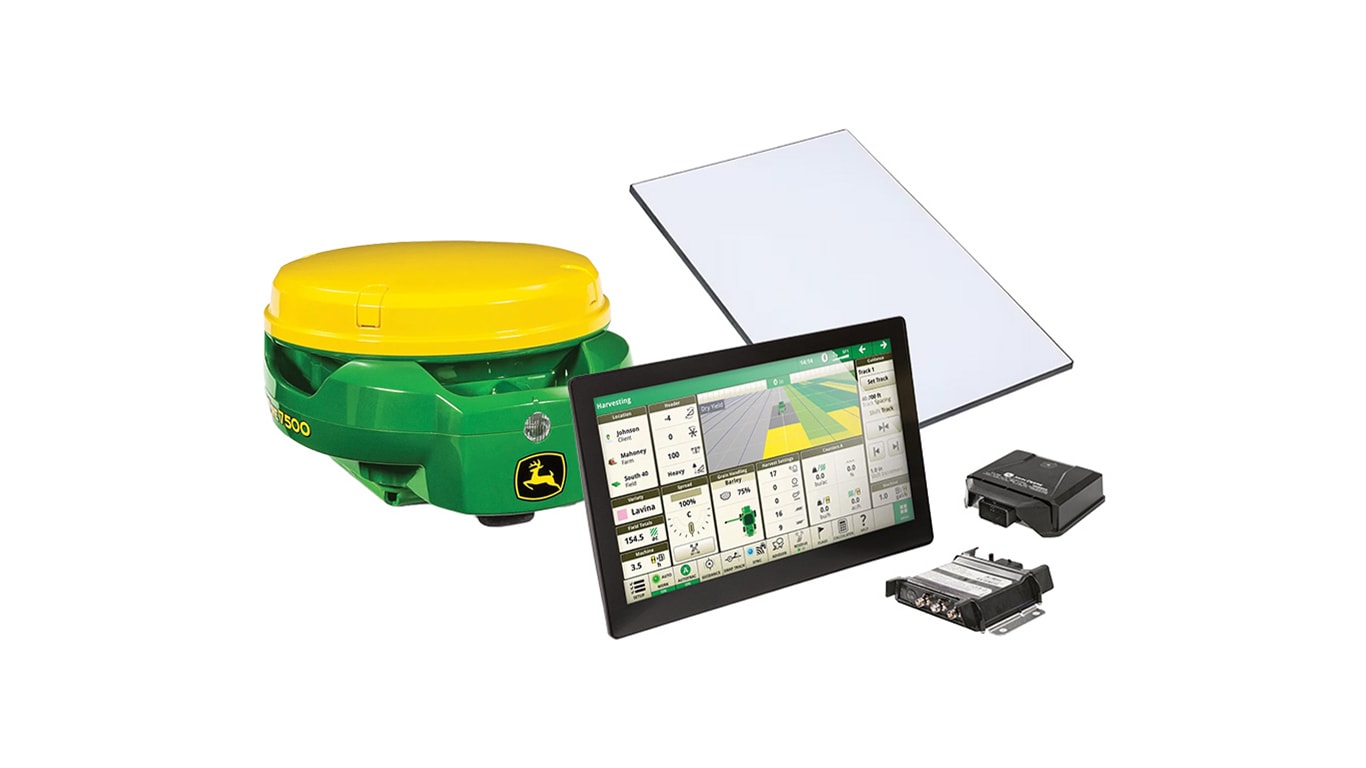 John Deere GPS receiver and display showing harvest data with electronic components.