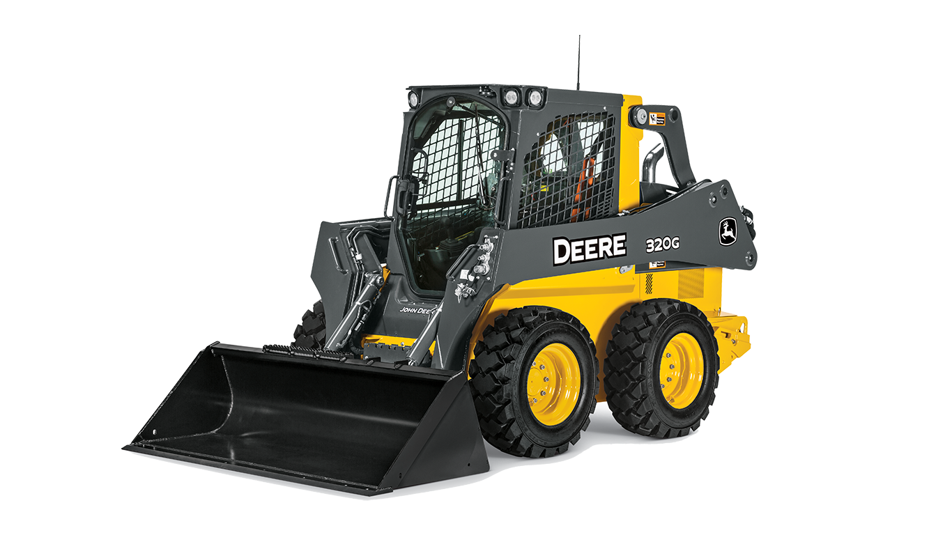 John Deere 320G skid steer on a white background.